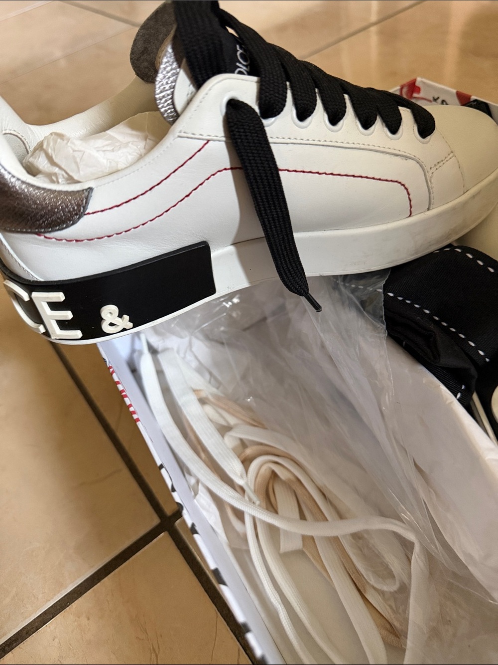 Dolce Gabbana White Leather Sneaker with Black Laces